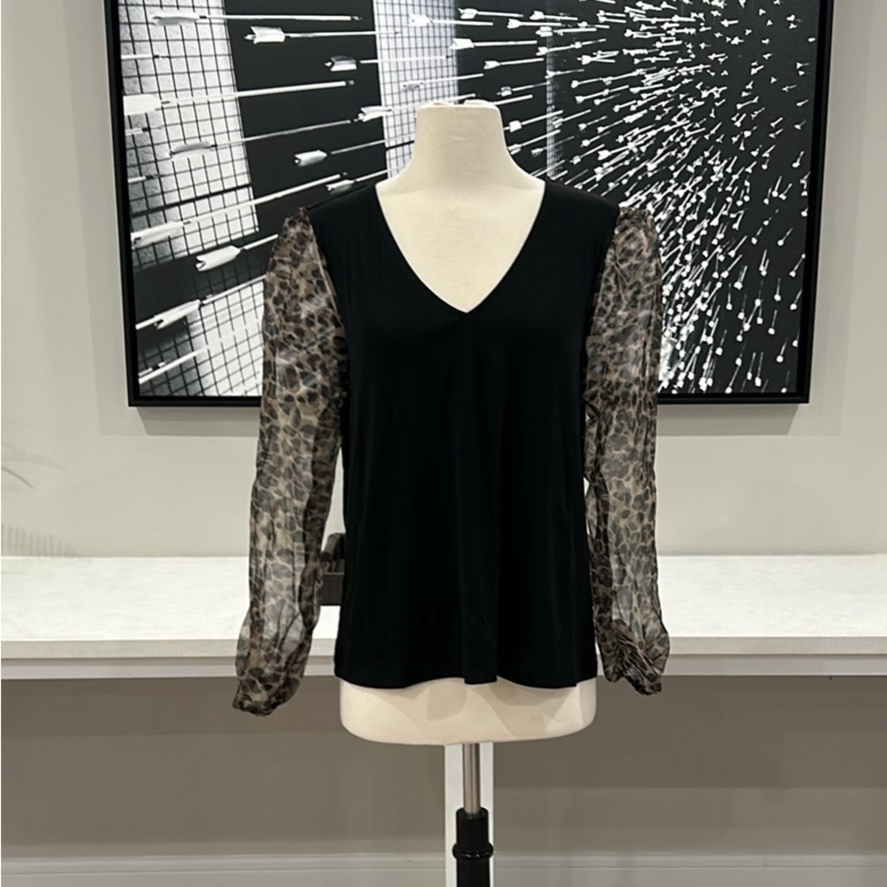 BRAND NEW! Black Jersey Knit V-Neck Top W/ Oversized Sheer Leopard Print